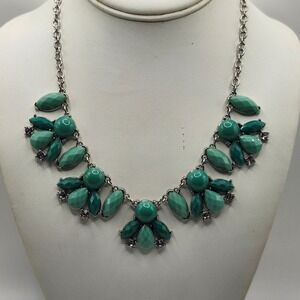 Charming Charlie Teal Green Cabochon Statement Necklace Silver Tone Rhinestone